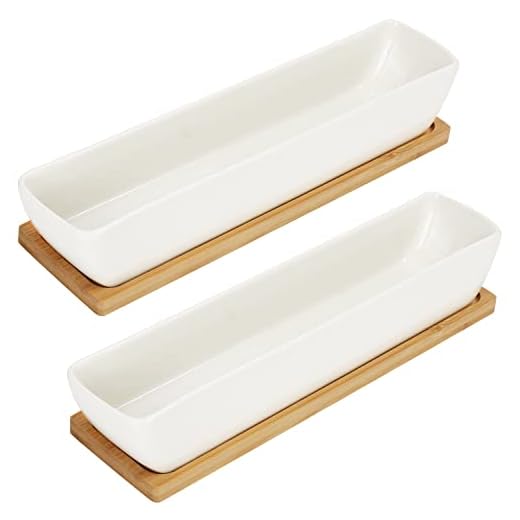 BELLE VOUS Weiße Kleine Blumentöpfe für Sukkulenten mit Bambus-Tablett (2 STK) - L24 x B5,5 x H4 cm - Rechteckige Keramik Übertöpfe für Zimmerpflanzen & Kakteen für Zuhause, Büro & Schreibtisch/Tisch