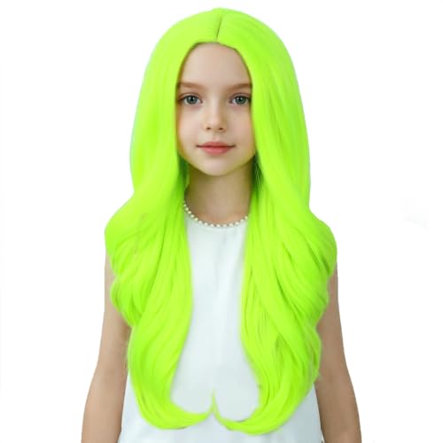 Image of Light Green Wig Long Fluorescent Green Middle Part Wig Long Bright Green Wavy Curly Wigs Heat Resistant Synthetic Wigs for Daily Party Use