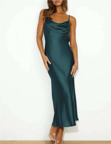 Image of Summer Satin Spaghetti Strap Cowl Neck Backless Midi Dresses for Women Elegant Tie Low Back Ruched Cocktail Dress