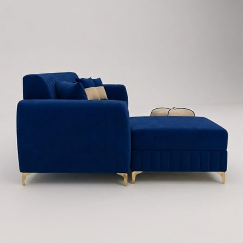 Image of CASASTYLE Signature Velour 4-Seater L-Shape Sofa Set with Movable Ottoman & Suri Pouf | Flexible LHS /RHS Layout | Boston Fabric | 40D Foam + Zigzag Spring | 3-Yr Warranty (Midnight Blue,Sand Beige)