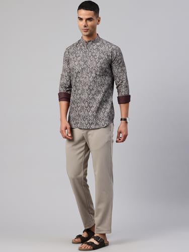 Image of Majestic Man Men's Pure Cotton Printed Mandarin Collar Regular Fit Roll-Up Sleeves Short Kurta