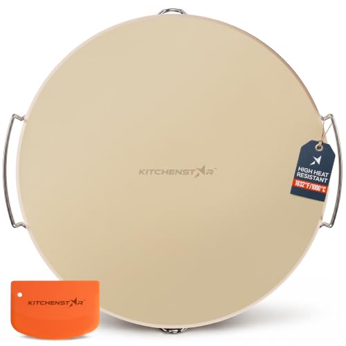 KitchenStar 16-inch Pizza Stone for Oven and BBQ Grill with Handles, Round, 5/8' Thick - Natural Cordierite, 1800 °F Resistant, Baking Stone Set with Stainless Steel Rack & Plastic Scraper Tool