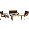Devoko 4 Pieces Acacia Wood Patio Conversation Sets, Patio Furniture Set with Hand Woven Rope Seats and Back, Outdoor Chair and Table Set for 4 for Balcony, Backyard, Deck, Poolside