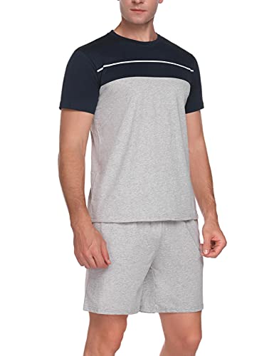 Purcoar Pijama Hombre Verano Algodón con Mangas Cortas Pijama Hombre Corto 2 Piezas con Bolsillos Cuello Redondo Cintura Elástica Cordón Suave Cómodo Trasnpirable Cover