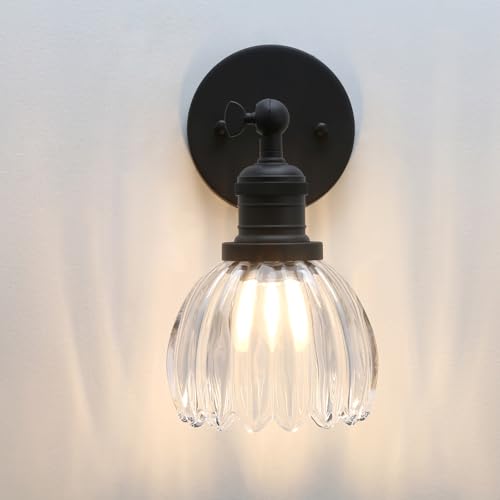 Image of Pathson Adjustable Wall Sconce Lamp with Tulip Thick Glass, Hardwired Bathroom Sconce Matte Black Wall Vanity Light Fixture for Living Room Farmhouse Bedside Lighting