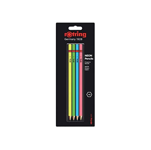 rOtring Set of 4 Wood case Neon Pencils HB : Blue - Green, Pink & Yellow