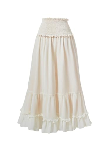 GORGLITTER Women's Boho Mesh Ruffle Long Skirt Frill Trim Shirred Waist Y2k Flowy Skirts
