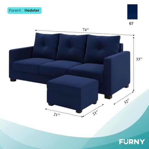 Image of FURNY Amonster 4 Seater L Shape Sofa Set with Movable Ottoman | Flexible Left or Right Layout | Plush Velvet Fabric (Dark Blue) | Perfect for Living Room, Guest Room & Office