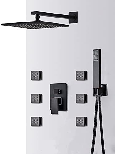 Moderno set di rubinetti per doccia neri con soffione doccia a pioggia, 6 getti massaggianti SPA a 3 vie, miscelatore caldo e freddo, 25,4 cm e 20,3 cm, sistema doccia per il massimo relax