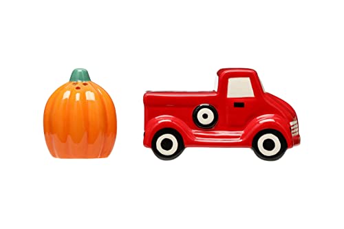 Pearhead Ceramic Pickup Truck And Pumpkin Salt & Pepper Shakers, Halloween and Thanksgiving Décor For The Home and Kitchen, Fall Accessory, Set of 2