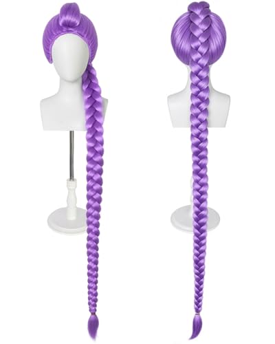 ESUNO Hair Cap+47 inchs Long Purple Wig with Braids Purple Braided Wig for Women Extra Long Cosplay Outfit Halloween Ponytail Costume Adult Anime Outfit for Halloween Party Cosplay Comic Con