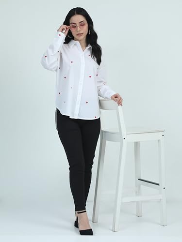 Image of Glam & Chique Women's Button-Down Oversized Shirt with Heart Embroidery S-2XL