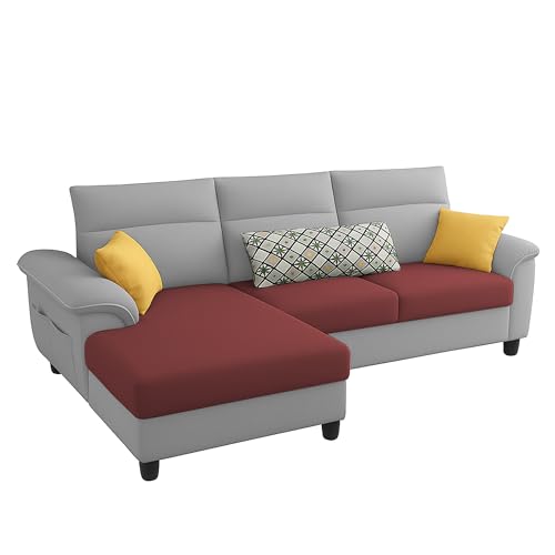 Image of Casaliving Seams LHS 4 Seater L Shape Sofa for Living Room (Maroon Grey Fabric) Premium Fabric Sofa