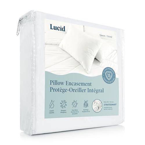 LUCID Zippered Pillow Encasement – Waterproof Standard Size Pillow Protector – Shields All Sides – Quiet cover – White