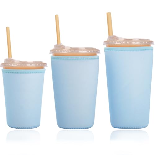 Image of Reusable Insulated Sleeve for Iced Coffee Cup, 3-Pack Coffee Neoprene Drink Sleeve for Cold & Hot Drinks, Beverage Holder for Iced Coffee (Baby Blue)