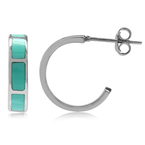 Silvershake Created Green Turquoise Inlay White Gold Plated 925 Sterling Silver C Hoop Earrings