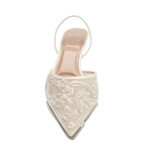 keleimusi Women's Mesh Floral Embroidered Slingback Heels with Pearl Studded Pointed Toe Lace Heeled Sandals Backless Slip On Kitten Heel Pumps Wedding Party Shoes3