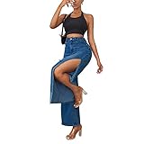 SCOMCHIC Women's High Waisted Wide Leg Ripped Jeans High Side Slit Distressed Denim Jeans Pants Relaxed Fit Baggy Jeans S-3XL Blue