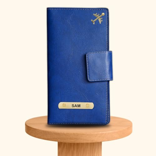 Image of Customized Travel Wallet with Name Engrave | Personalised Passport Holder for Women | Customised Passport Cover for Men and Women | Travel Organizer Gift Wallet (Blue)