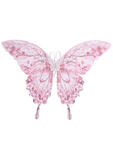 RENEMEGO Pink Fairy Wings Women - Butterfly Wings with Flower Pattern Renaissance Accessories Halloween Costume Birthday Party Masquerade Performance Prom Elf Dress Up Renfaire Outfit