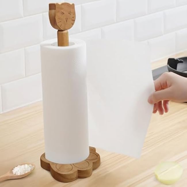 Cat Paper Towel Holder Fits Small Size Paper Towel Rolls Up to 9.84'', Cute Kitchen Papers Towel Wooden Stand, Bathroom & Toilet Paper Towel Roll Dispenser, Kawaii & Funny Animal Kitchen Accessories