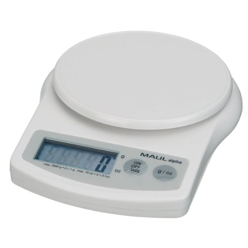 MAUL Briefwaage MAULalpha 18,8 x 14,1 x 3,7 cm | Stabile Waage bis 2kg | Große Wiegefläche Ø 12,4 cm | Automatische Nullstellung und Abschaltautomatik | Inklusive Batterien | Weiß