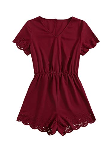 SweatyRocks Women s Solid V Neck Playsuit Short Sleeve Romper Short Jumpsuit Burgundy XL
