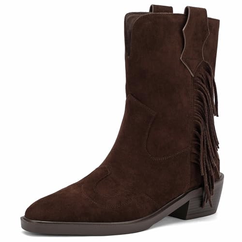 Rogerdream Women’s Pointed Toe Fringe Western Cowboy Boots, Faux Suede Mid Calf 1.5 Inch Low Block Heel Boots Brown Size 11