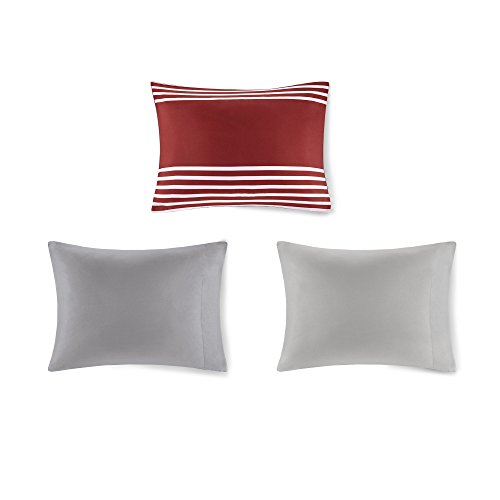 Comfort Spaces Bed In A Bag Comforter Set - College Dorm Room Essentials For Boys Bedding, Complete Dormitory Bedroom Pack And Sheet With 2 Side Pockets, Twin, Stripes Red/Grey #TOP5