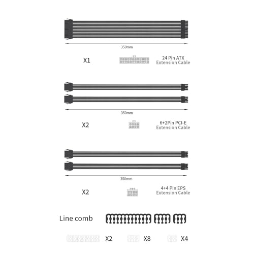 zuousxbs Fuente Alimentación PC Cable Manga Extensión Extensión 35 Cm 24PIN PCIe 8pin CPU 4+4PIN Extensions con Cable Combs Set Negro - imagen 6