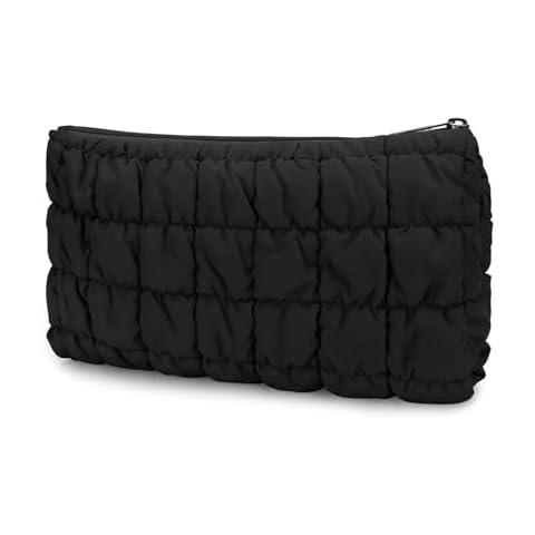 E-Tree Cute Makeup Bag,Quilted Cosmetic Case,Make up Pouch for Purse,Travel Toiletry Zipper Pouch,Zipper Skin Care Bag for Women, Cotton Makeup Organizer (Black) Cover
