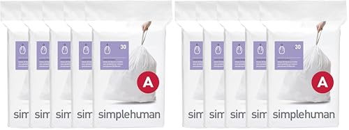 Image of simplehuman Code A,Dispenser Pack Custom Fit Liners,Drawstring Trash Bags,4.5 Liter / 1.2 Gallon,White,150 Count (Pack of 2)