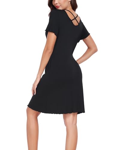 Jlowesun Camisón de Mujer,Camison Mujer Dormir Algodón,Camisones Verano Manga Corta,Vestido Ligero Suaves,Ropa de Dormir con Cruzados por la Espalda