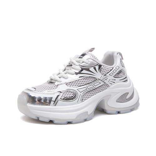 Retro Leather Dad Shoes for Women, Lightweight Comfortable Casual Sneakers with Adjustable Lace-Up, 6CM Thick Sole Breathable Gym Shoes for Walking Shopping Travel