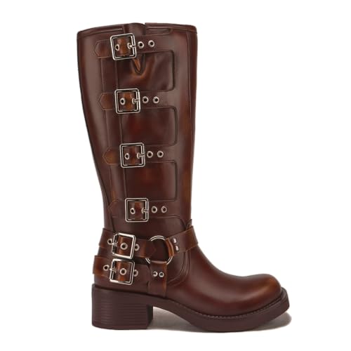 Athlefit Women's Knee High Riding Boots Fashion Buckle Square Toe Chunky Heel Wide Calf Biker Brown Boots Size 8.5 — view 4