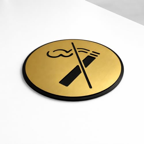 Image of Premium 5.8 Inch Golden No Smoking Sign Board | Brushed Gold Acrylic Round Signage with Self-Adhesive Tape | Professional Warning Plate for Office, Hotel, Cafe, Hospital, School & Business