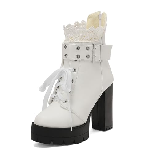 Image of FOREADA Goth Boots Chunky Heel Boot For Women Ankle Combat Booties Black Platform Bootie Buckle Rivets Punk Goth Shoes With Zipper