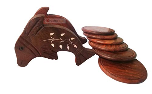 Image of Pebble Crafts Wooden Handmade Fish Shaped Set of 6 with Decorative Holder Tabletop Coasters for Tea Coffee Cups Mugs Beer Cans Bar Glass Indian Handicrafts