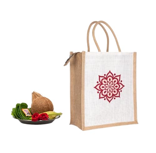 Image of Soman Jute Ecofriendly Return Gift Bags Rangoli printed with Zip White Natural Pack of 10 Bags
