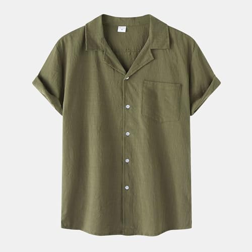 Generic Summer Shirts for Mens 2024, Trendy Short Sleeve Blouse Button Down Cotton Linen Shirt for Men Solid Color Front Pocket Tops Army Green, XX-Large2