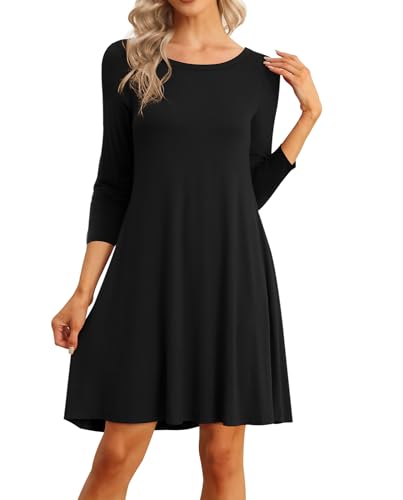 Image of VIISHOW Womens Round Neck 3 /4 Sleeves A-line Casual Tshirt Dress with Pocket