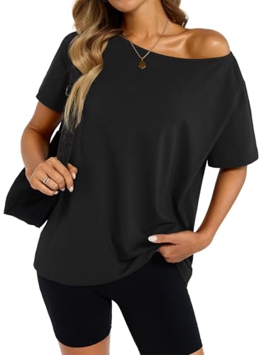 Womens Cotton Off The Shoulder Tops Oversized Short Sleeve T-Shirts Casual Summer Tees Trendy Clothes 2025