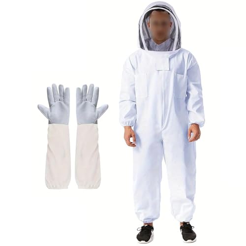 ERMWALR Imker-Schutzanzug mit Handschuhen kompletter Imker-Schutzanzug Imkerausrüstung mit Schutzmaske und Kapuze weißer Imkeranzug für Damen und Herren (XL)