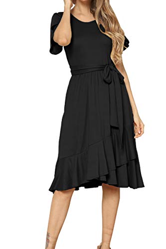 Women Plain Ruffle Flowy Midi Work Casual Dress with Belt Black S