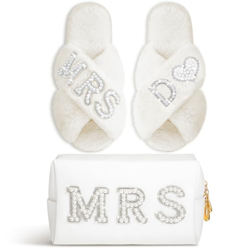 Image of Xtinmee Personalized Initial Wedding Bride Slipper Mrs Pearl Letter Makeup Bag Bachelorette Party Bridal Shower Wedding Gifts(D)