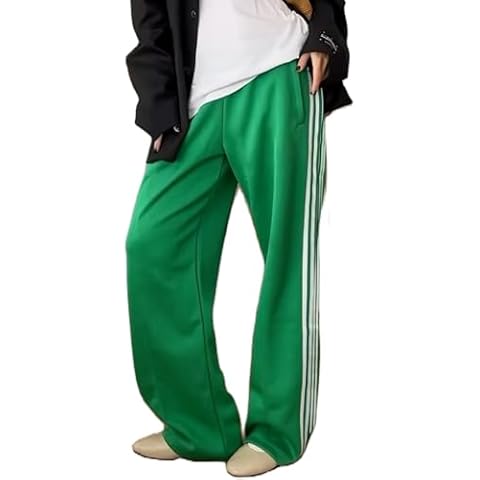 KMBANGI Women Striped Track Pants Elastic Waist Straight Leg Sweatpants Joggers Wide Leg Side Stripes Pants with Pockets(Casual Green,M) Cover