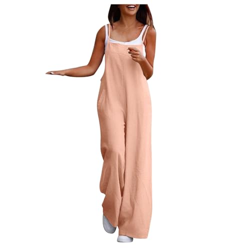 Image of Bgvowivh Dungarees for Women UK Summer Boho Casual Loose Wide Leg Jumpsuits Sleeveless Ladies Playsuits with Pockets Rose Gold