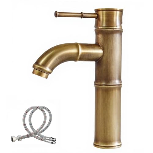 NIUKOMY Vintage Robinet Lavabo Laiton Antique Brossé, Mitigeur Monocommande Bronze Rétro, Robinet Mélangeur D'évier Salle de Bain Cuivre, Bambou