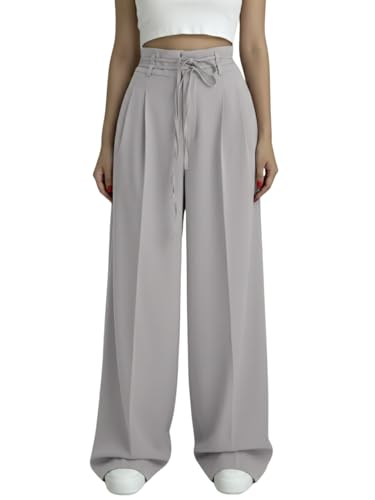 Image of Aahwan OffWhite Solid High Fabric Belt Waist Straight Korean Loose Pleated Wide Leg Trouser for Women's & Girl's