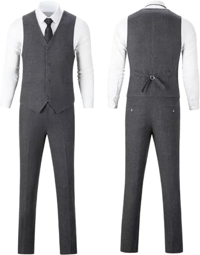 Retro 3 Piece Brown Grey Tweed Herringbone Men's Suits Slim Fit Groom Tuxedos Prom Blazer Custom Jacket Vest Pants XS4